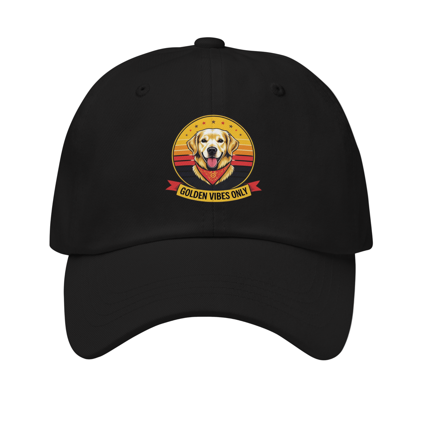 Black cap with a 'Golden Vibes Only' design featuring a golden retriever on a white background