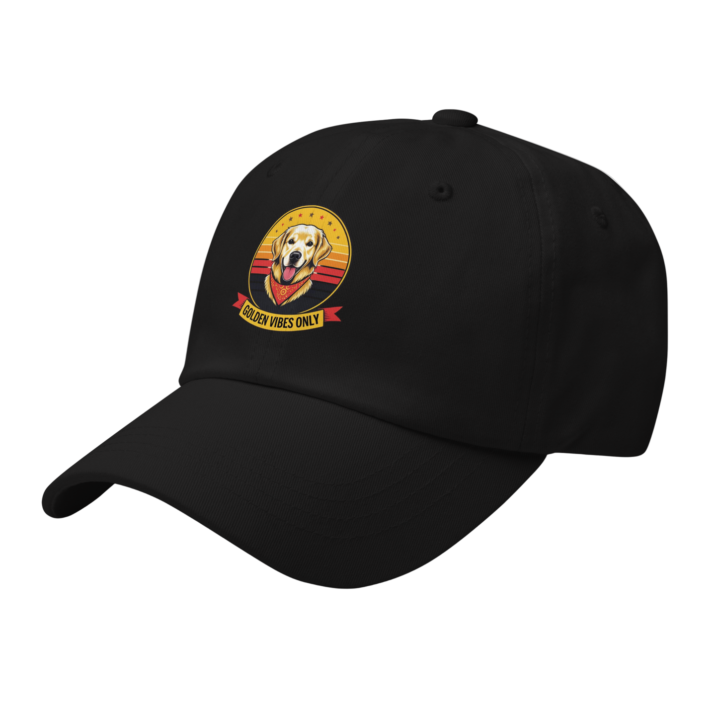 Black cap with a dog logo and text on a white background