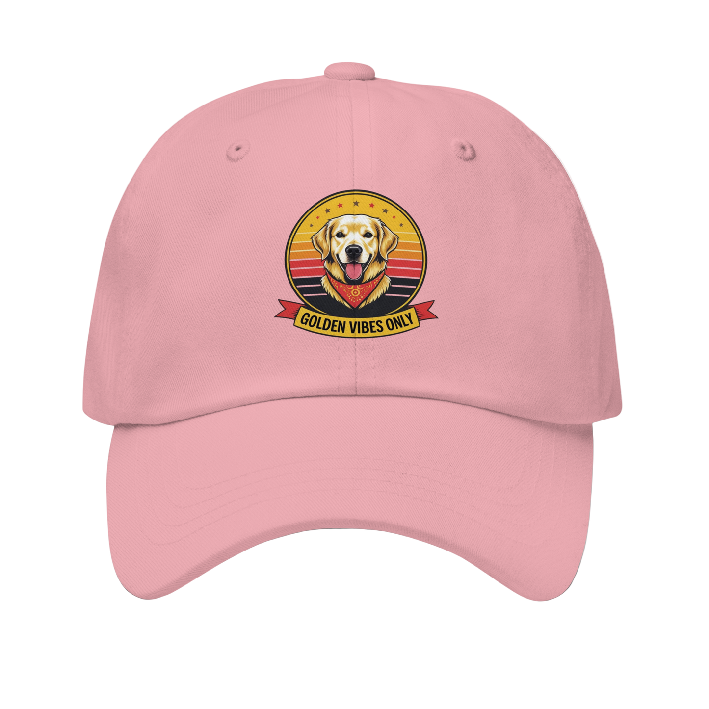 Pink cap with a dog graphic and 'Golden Vibes Only' text on a white background