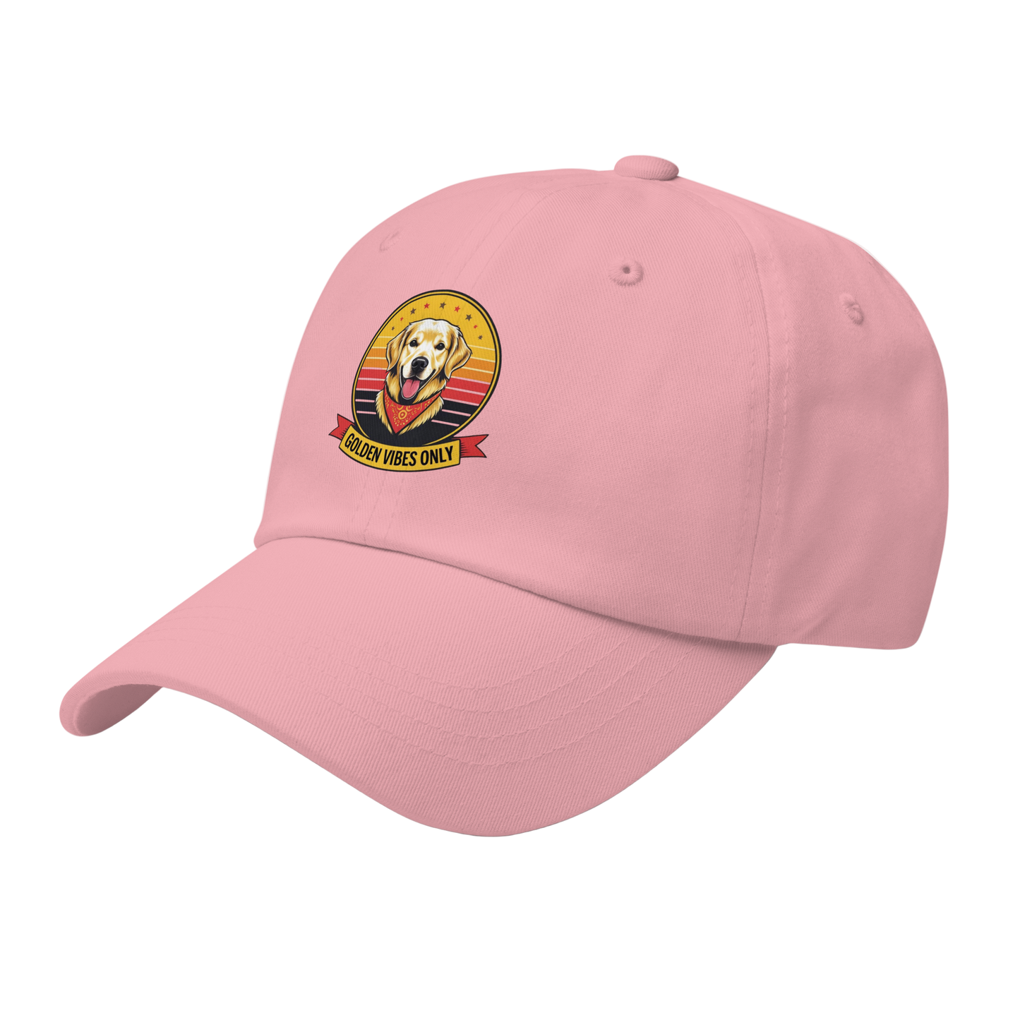 Pink cap with a dog graphic and 'Puppy Vibes Only' text on a white background