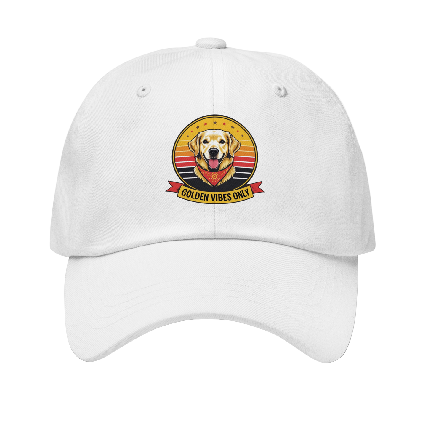 White cap with a 'Golden Vibes Only' logo featuring a golden retriever on a white background