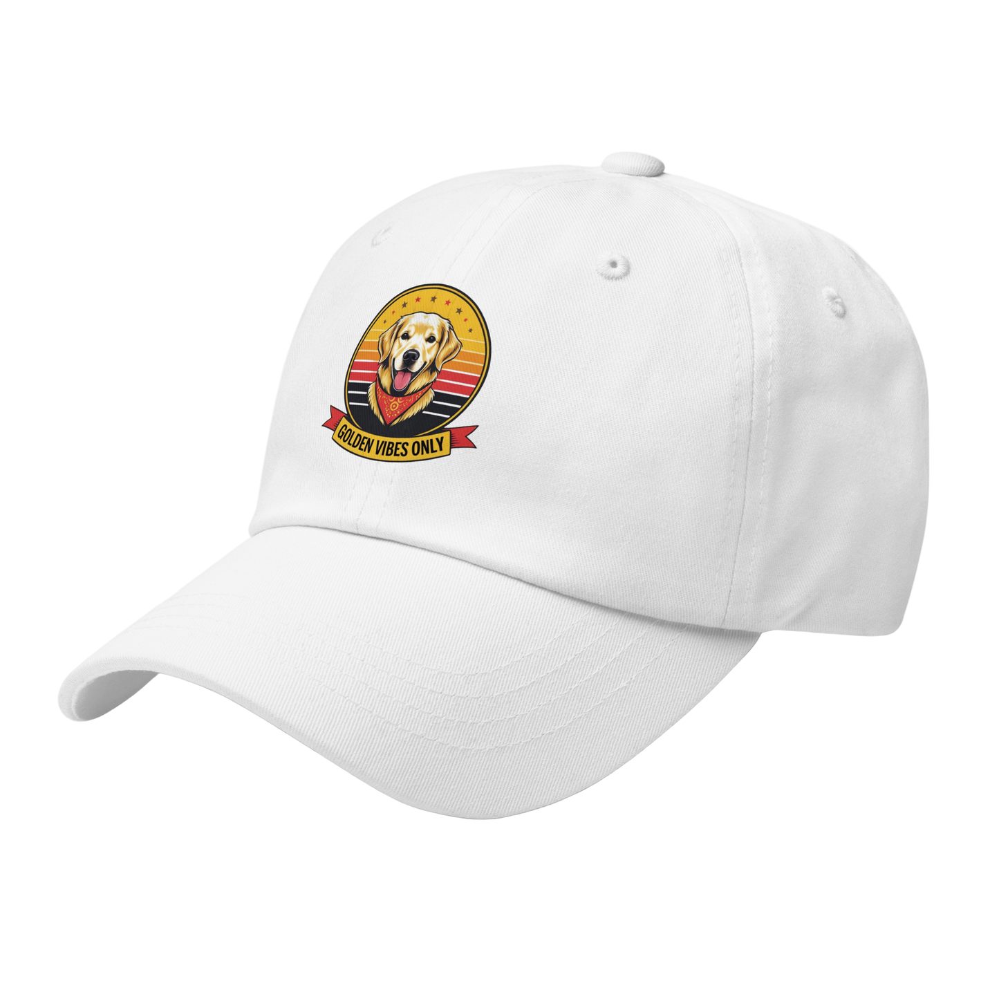 White cap with a dog graphic and 'Golden vibes only' text on a white background