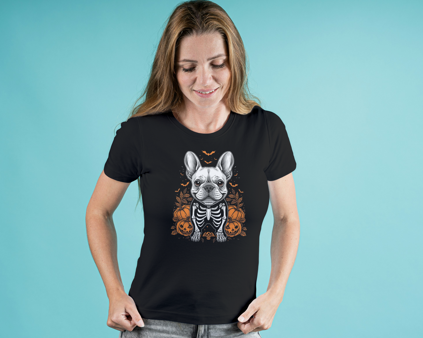 Woman wearing a black t-shirt with a dog graphic on a blue background