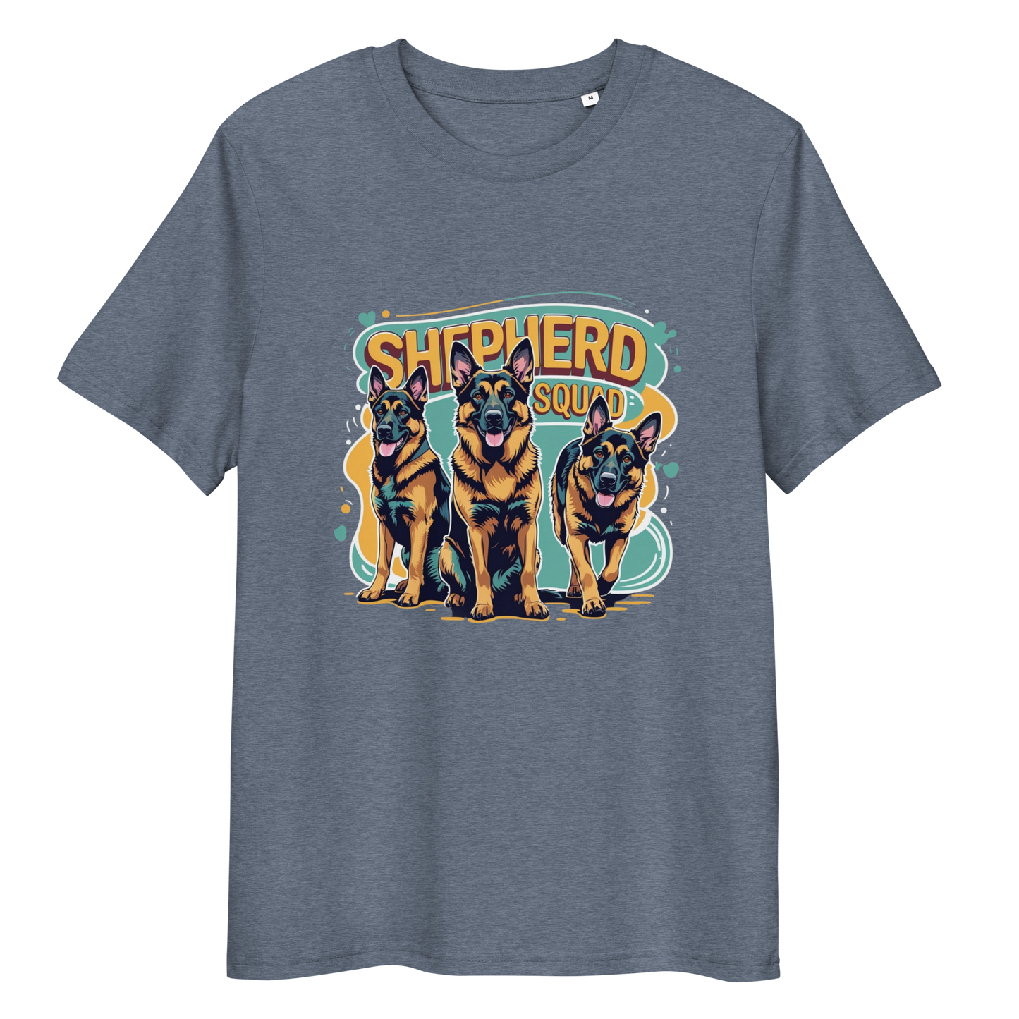 Grey t-shirt with 'Shepherd Squad' graphic featuring three dogs on a white background