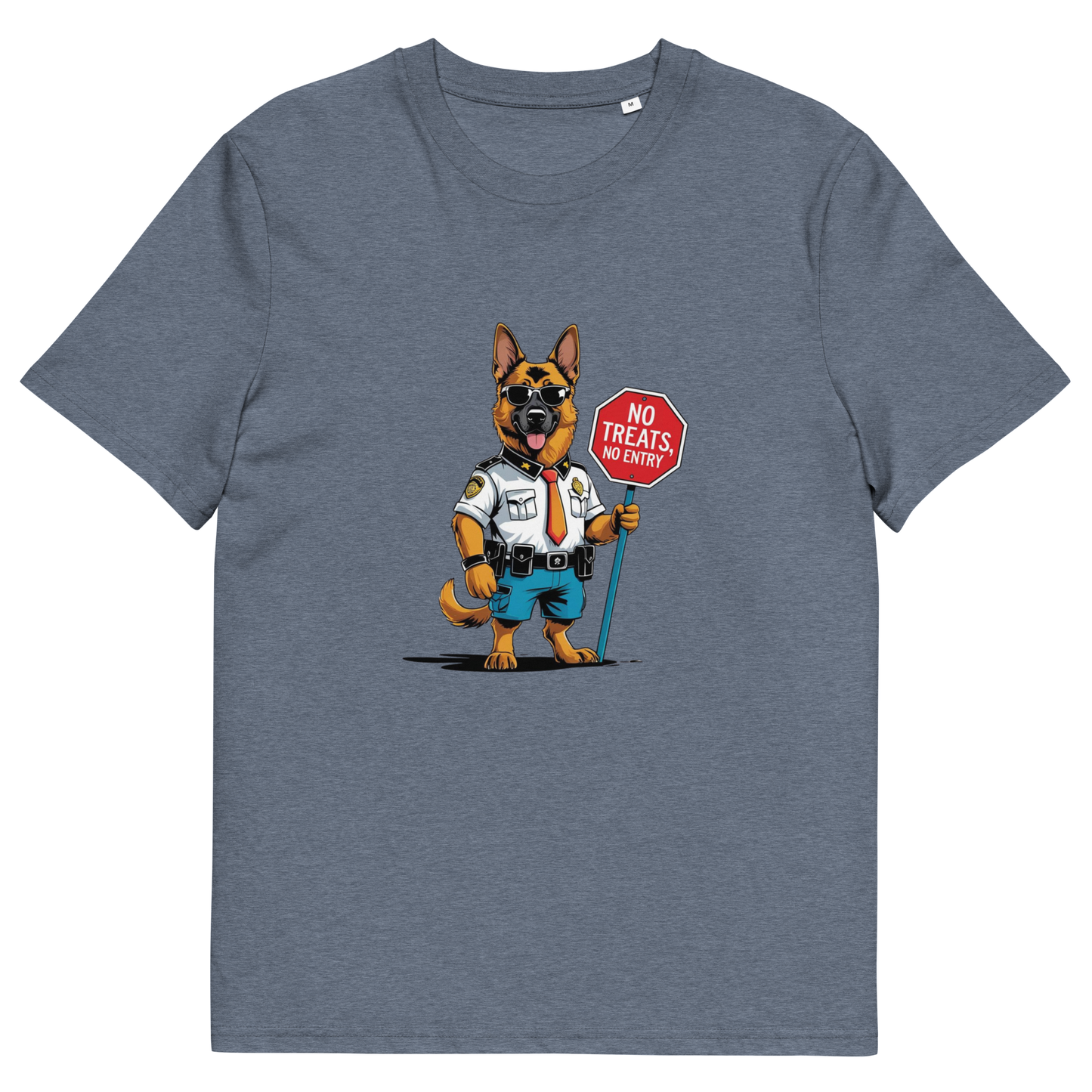 Blue t-shirt with a cartoon dog holding a 'No Treats No Entry' sign on a white background