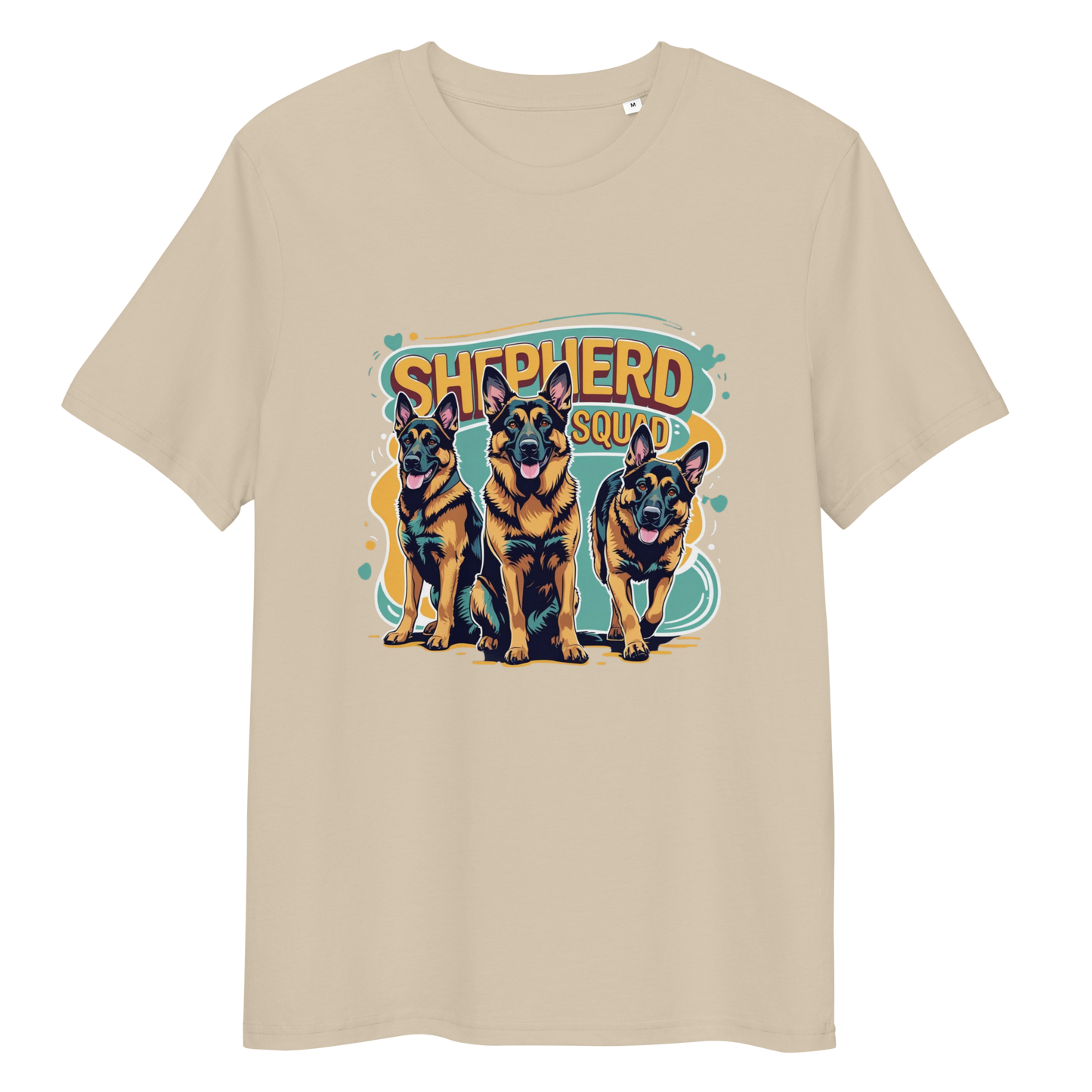 Beige t-shirt with 'Shepherd Squad' graphic featuring three dogs on a white background
