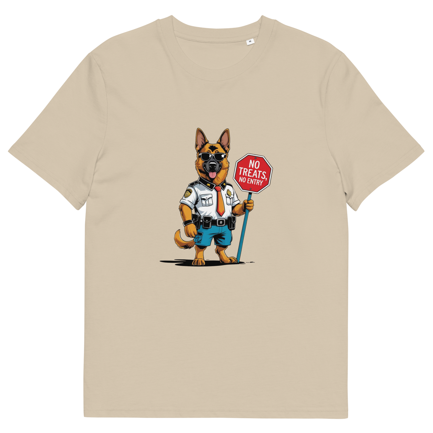 Beige t-shirt with a cartoon dog holding a 'No Treats Allowed' sign on a white background