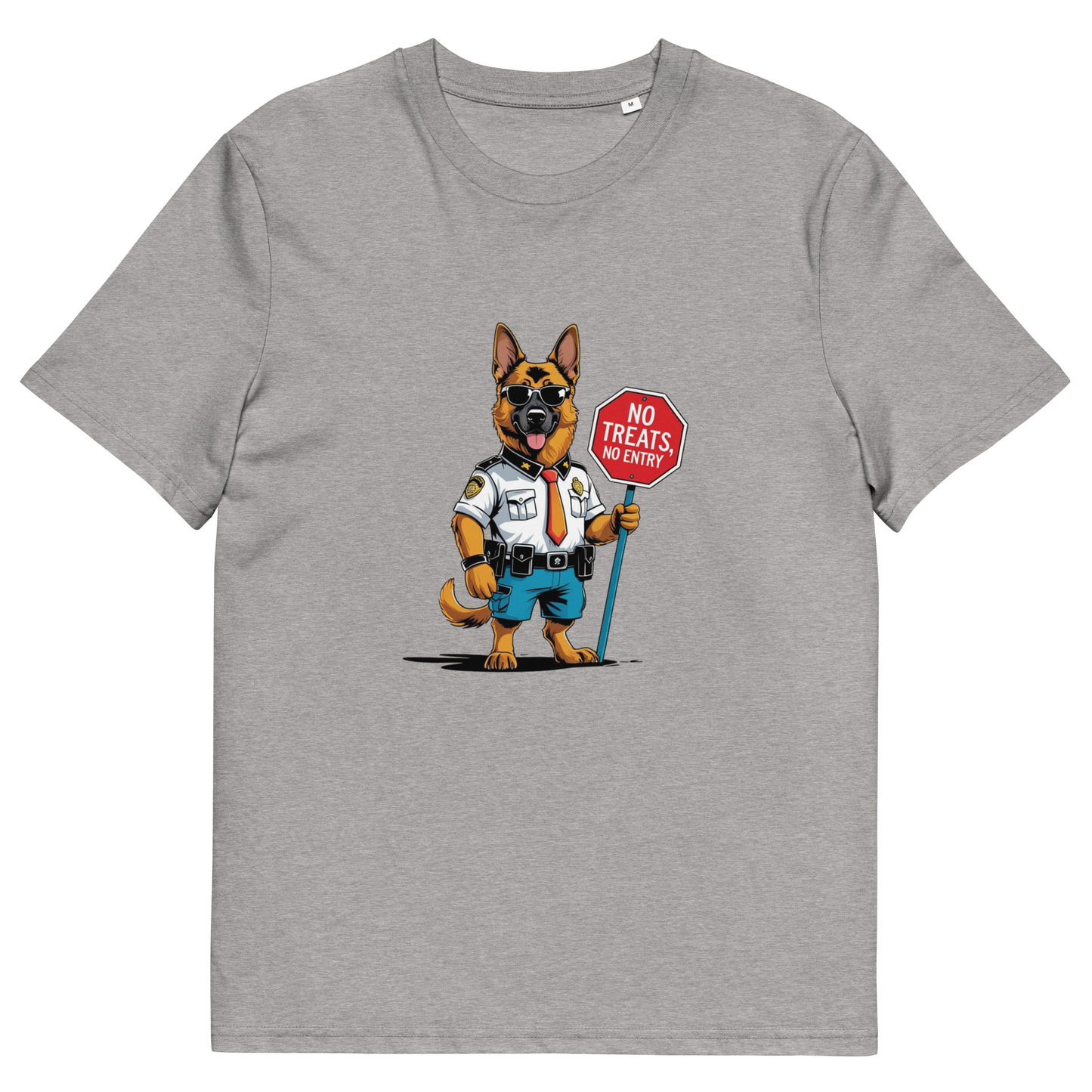Gray t-shirt with a cartoon dog holding a 'No Treats No Entry' sign on a white background