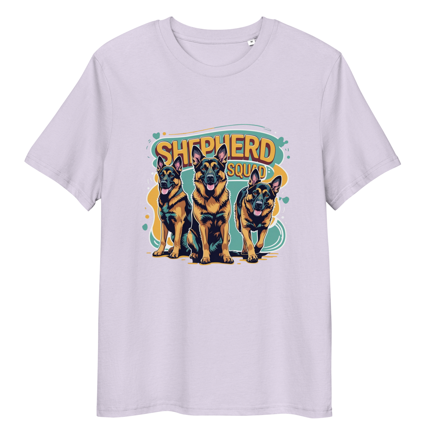 Lavander t-shirt with 'Shepherd Squad' graphic featuring three dogs on a white background