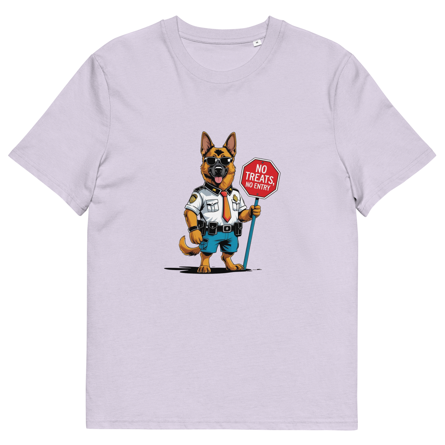 Light purple t-shirt with a cartoon dog holding a 'No Treats No Entry' sign on a white background
