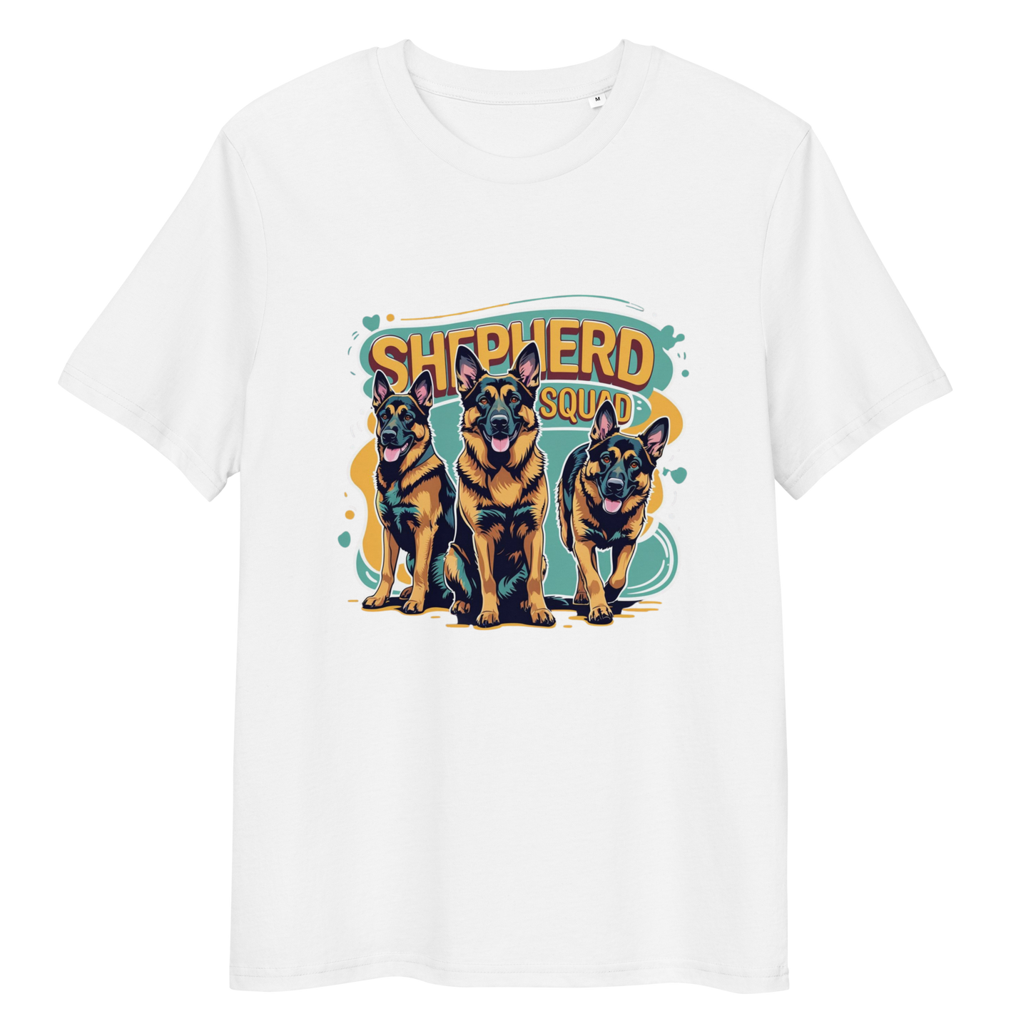 White t-shirt with 'Shepherd Squad' graphic featuring three dogs on a white background
