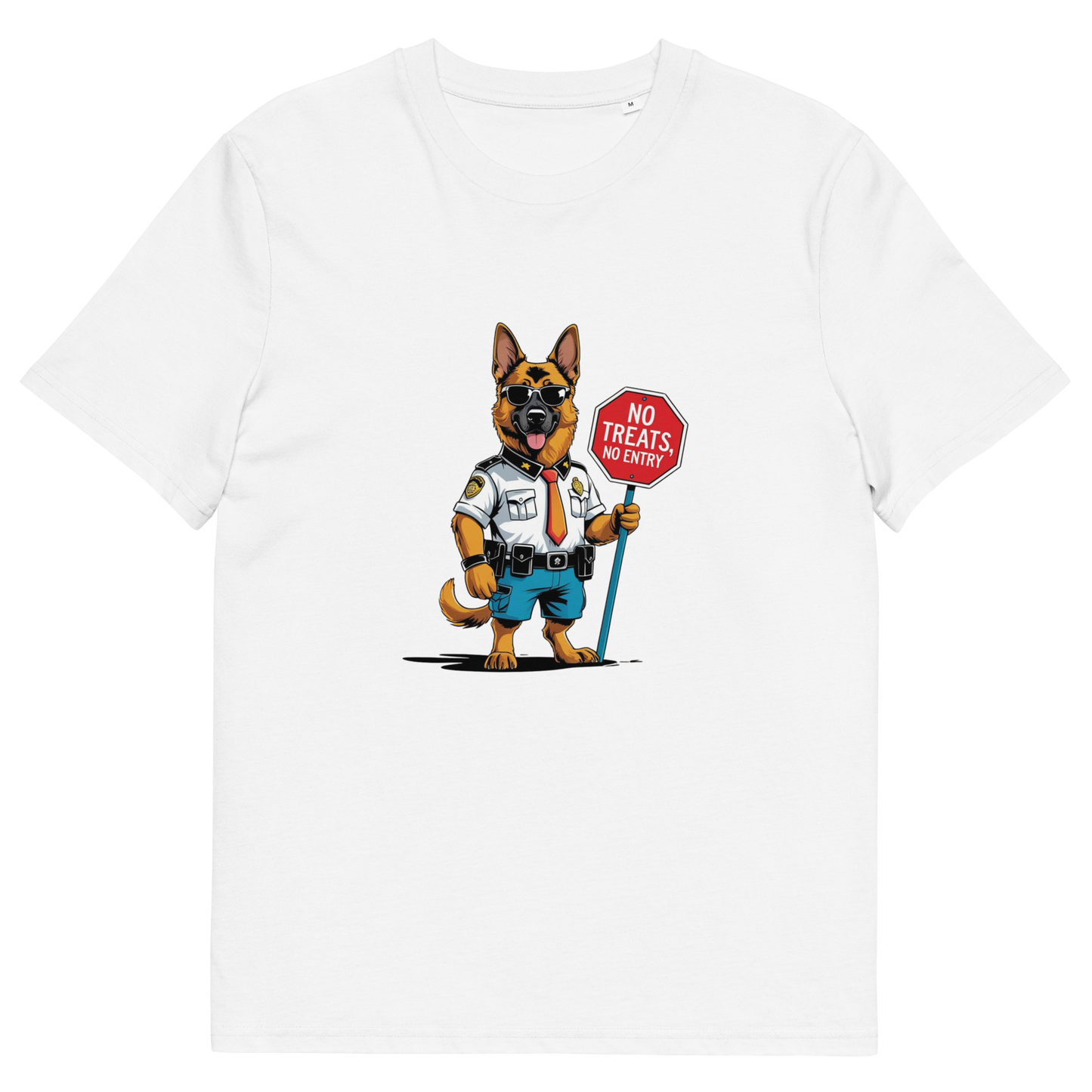 White t-shirt with a cartoon dog holding a 'No Treats or Entry' sign on a white background