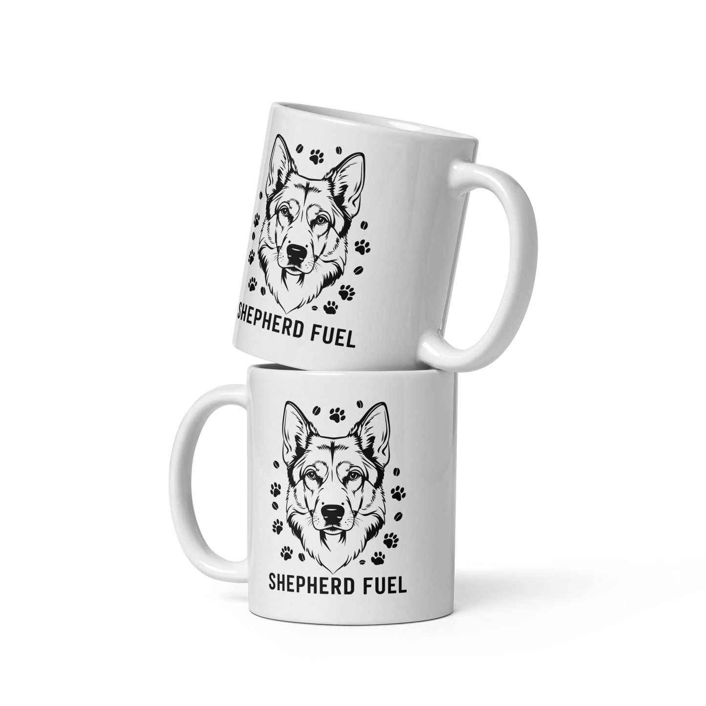 Two white mugs with black dog illustrations and 'Shepherd Fuel' text on a white background