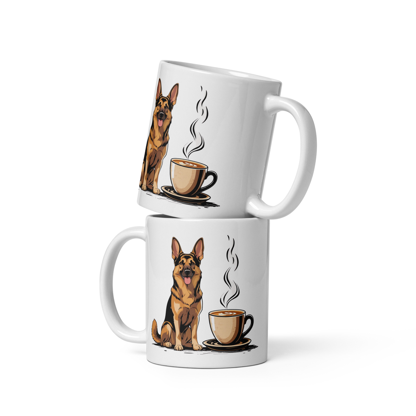German Shepherd Coffee Mug – Cute Dog with Steaming Cup Illustration for Coffee Lovers