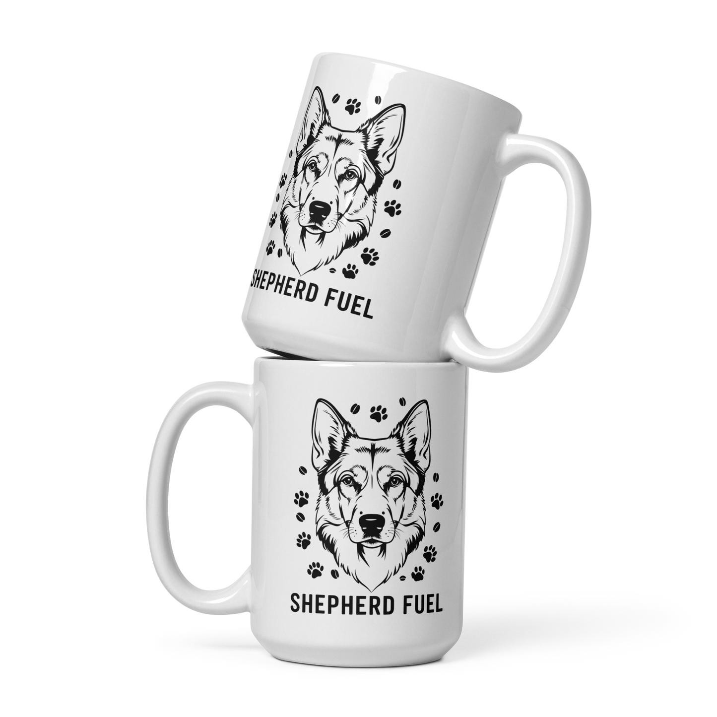 Two white mugs with black dog illustrations and 'Shepherd Fuel' text on a white background