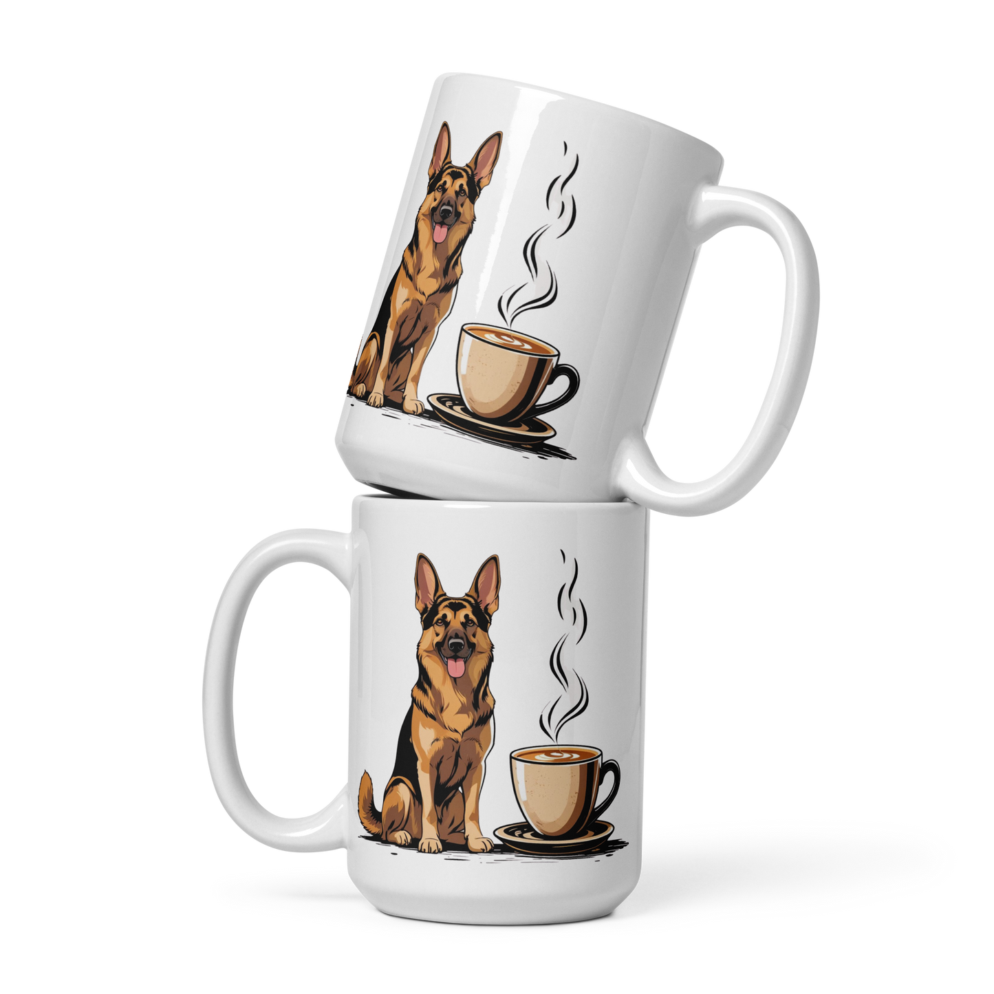 German Shepherd Coffee Mug – Cute Dog with Steaming Cup Illustration for Coffee Lovers