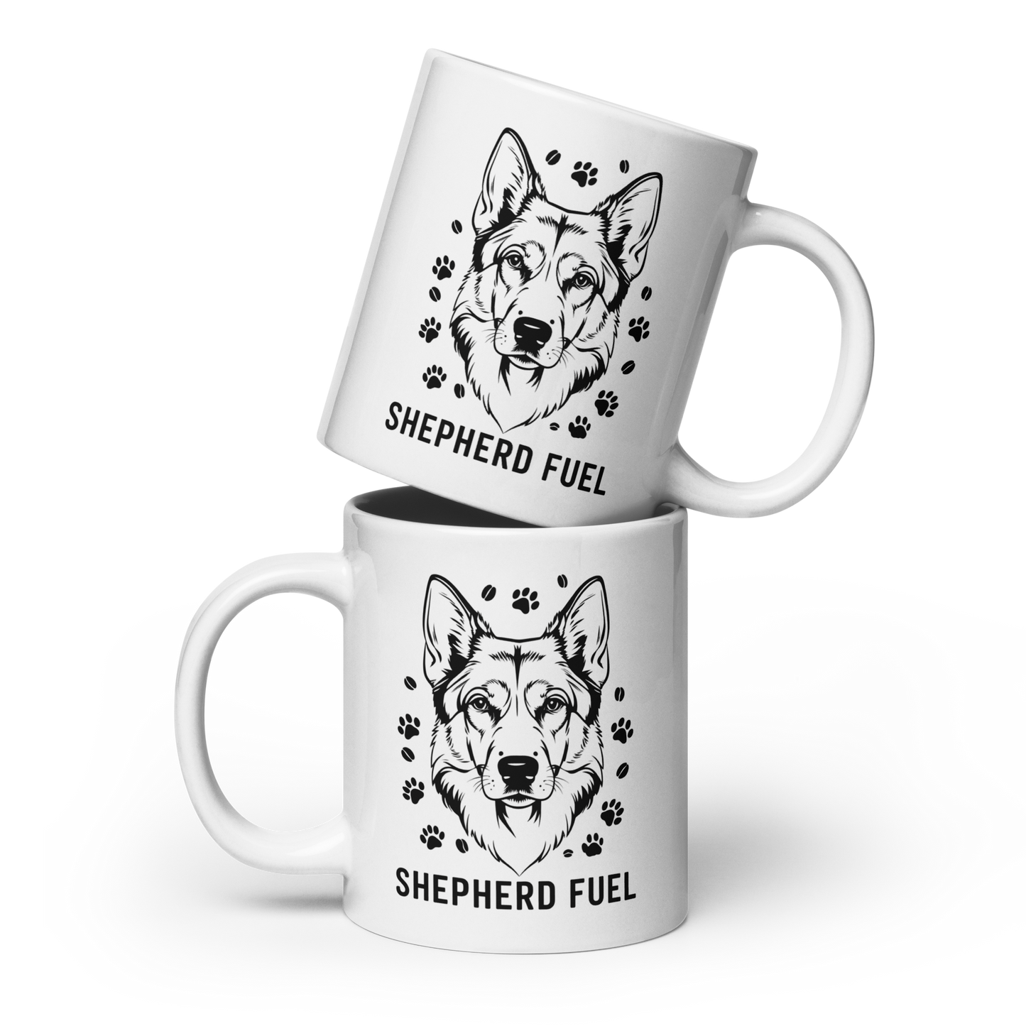 Two white mugs with black dog illustrations and 'Shepherd Fuel' text on a white background