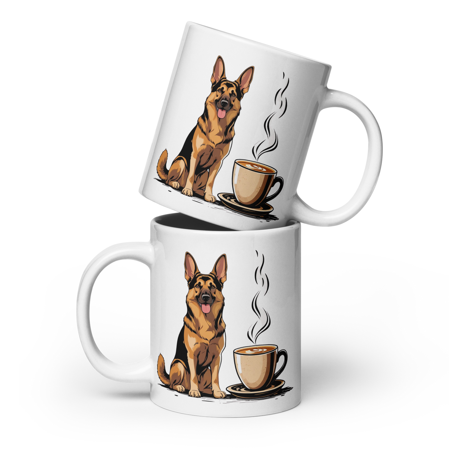 German Shepherd Coffee Mug – Cute Dog with Steaming Cup Illustration for Coffee Lovers