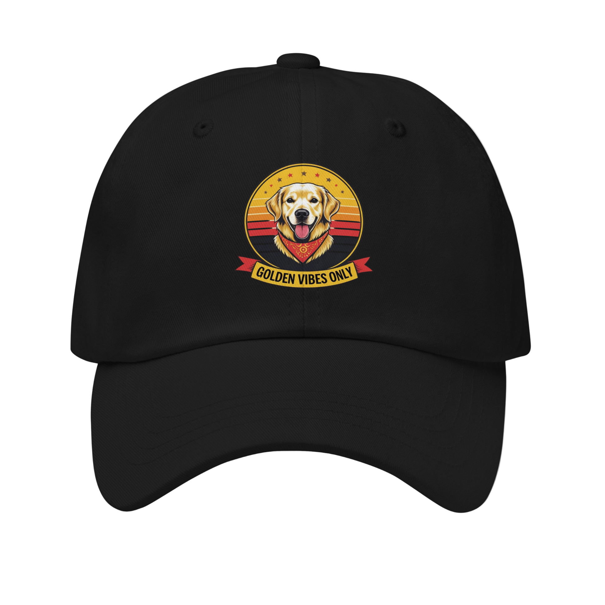 Black cap with a 'Golden Vibes Only' design featuring a golden retriever on a white background