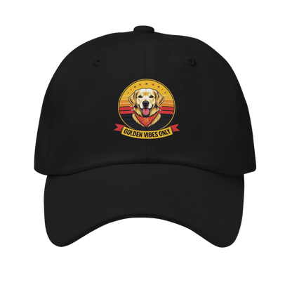 Black cap with a 'Golden Vibes Only' design featuring a golden retriever on a white background