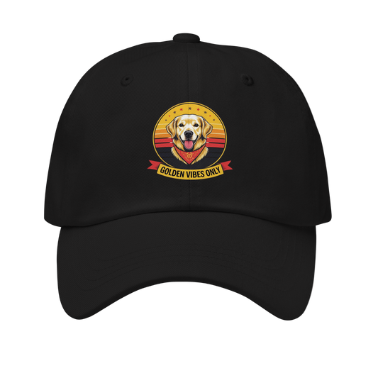 Black cap with a 'Golden Vibes Only' design featuring a golden retriever on a white background
