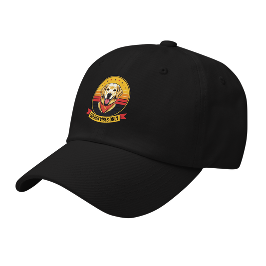 Black cap with a dog logo and text on a white background
