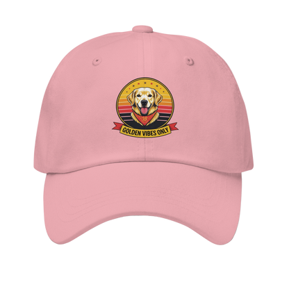 Pink cap with a dog graphic and 'Golden Vibes Only' text on a white background