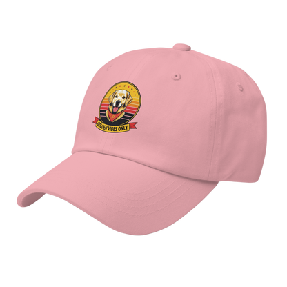 Pink cap with a dog graphic and 'Puppy Vibes Only' text on a white background