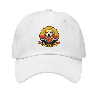 White cap with a 'Golden Vibes Only' logo featuring a golden retriever on a white background