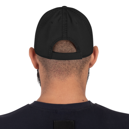 Black distressed cap with a dog logo and text "Loyalty Runs Deeps" on a white background