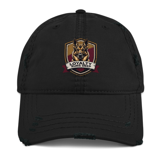 Black distressed cap with a dog logo and text "Loyalty Runs Deeps" on a white background