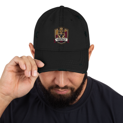 Black distressed cap with a dog logo and text "Loyalty Runs Deeps" on a white background