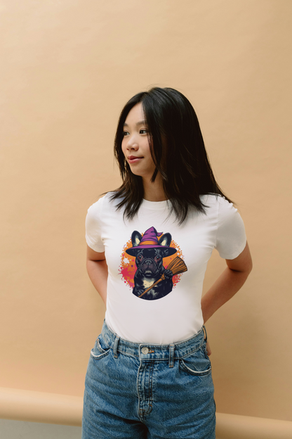 Person wearing a white t-shirt with a colorful bear graphic on a beige background