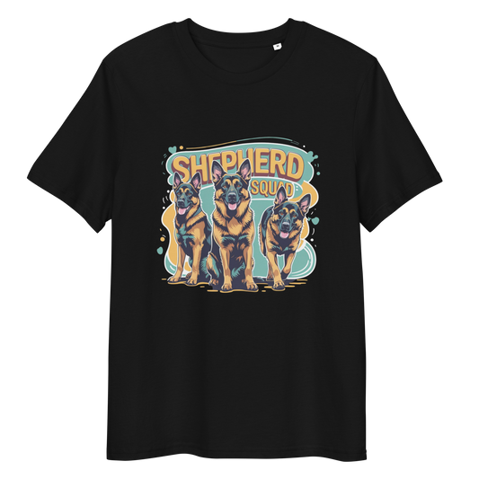 Black t-shirt with 'Shepherd Squad' graphic featuring three dogs on a white background
