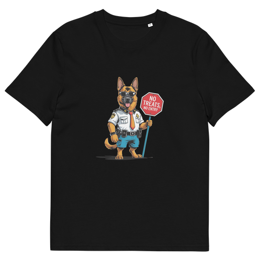 Black t-shirt with a cartoon dog holding a 'No Treats Allowed' sign on a white background