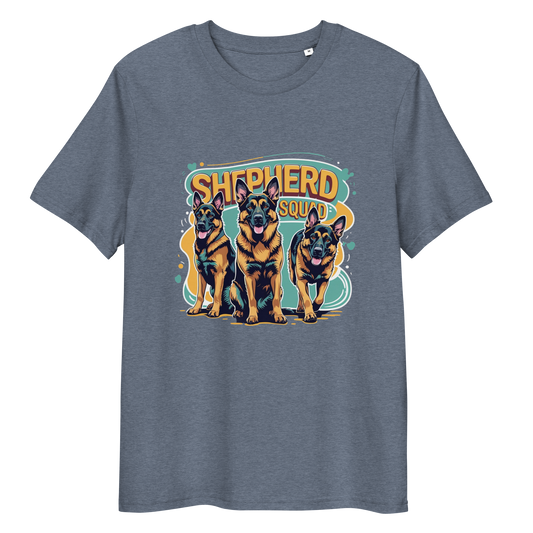 Grey t-shirt with 'Shepherd Squad' graphic featuring three dogs on a white background