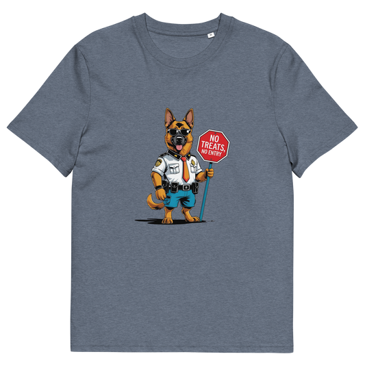 Blue t-shirt with a cartoon dog holding a 'No Treats No Entry' sign on a white background