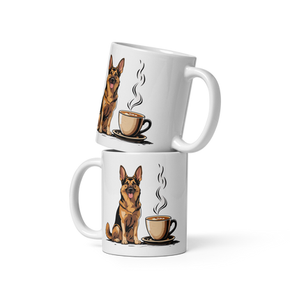 German Shepherd Coffee Mug – Cute Dog with Steaming Cup Illustration for Coffee Lovers