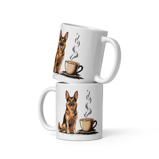 German Shepherd Coffee Mug – Cute Dog with Steaming Cup Illustration for Coffee Lovers
