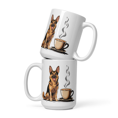 German Shepherd Coffee Mug – Cute Dog with Steaming Cup Illustration for Coffee Lovers
