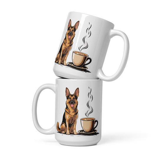 German Shepherd Coffee Mug – Cute Dog with Steaming Cup Illustration for Coffee Lovers