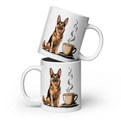 German Shepherd Coffee Mug – Cute Dog with Steaming Cup Illustration for Coffee Lovers